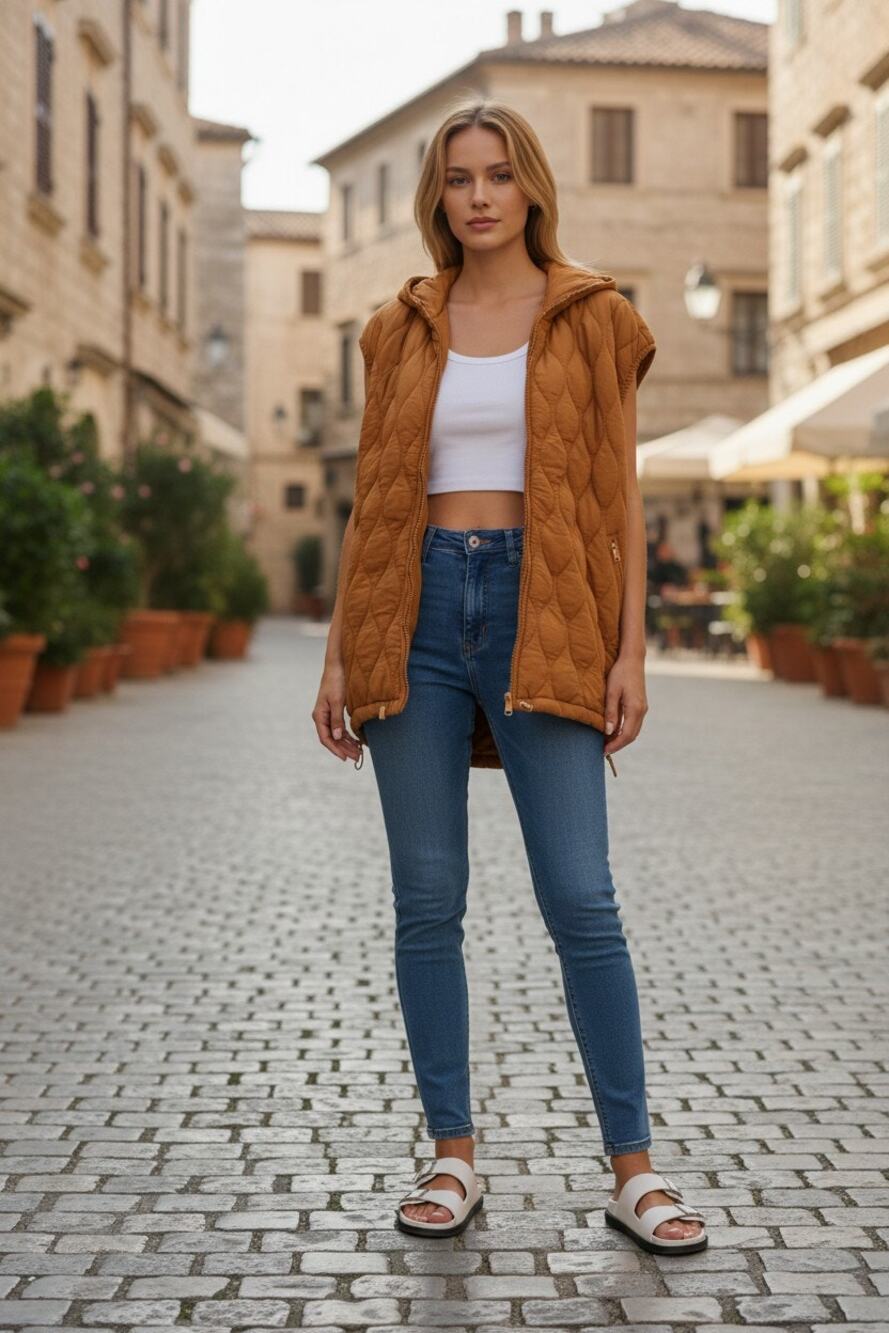 Free People Movement Womens Dream Big Quilted Vest Carmel Brown Size Medium